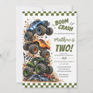 Boom Crash Monster Truck Chequered Birthday Invitation