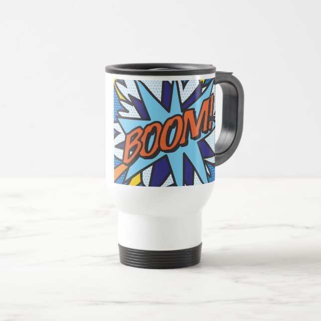 BOOM Funny Modern Comic Book Pop Art Travel Mug (Front Right)