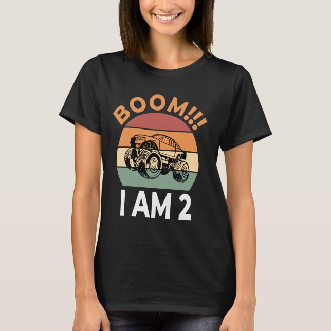 Boom I Am 2 Birthday Boy Celebration Monster Truck T-Shirt (Front)