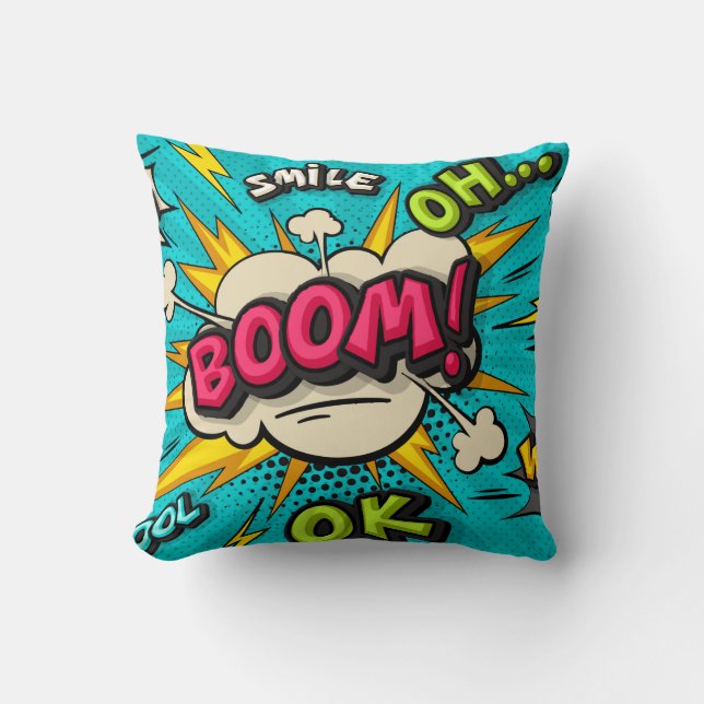 Boom pop art cloud bubble. Smile, wow, pow, cool,  Cushion (Front)