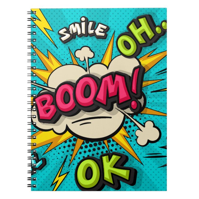 Boom pop art cloud bubble. Smile, wow, pow, cool,  Notebook (Front)