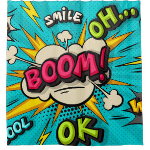 Boom pop art cloud bubble. Smile, wow, pow, cool,  Shower Curtain