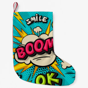 Boom pop art cloud bubble. Smile, wow, pow, cool, Small Christmas Stocking