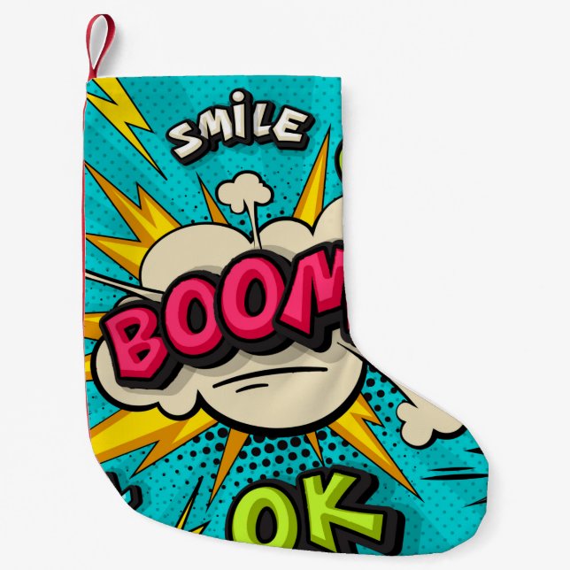 Boom pop art cloud bubble. Smile, wow, pow, cool,  Small Christmas Stocking (Front)