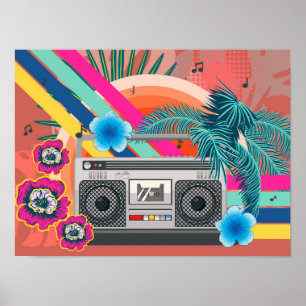 Boombox with tropical leaves and flowers poster
