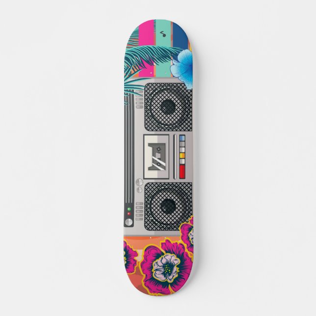 Boombox with tropical leaves and flowers skateboard (Front)