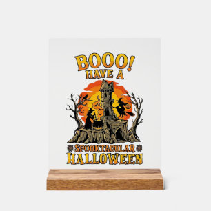 Booo Spooktacular Halloween Witch Cauldron Castle Acrylic Sign