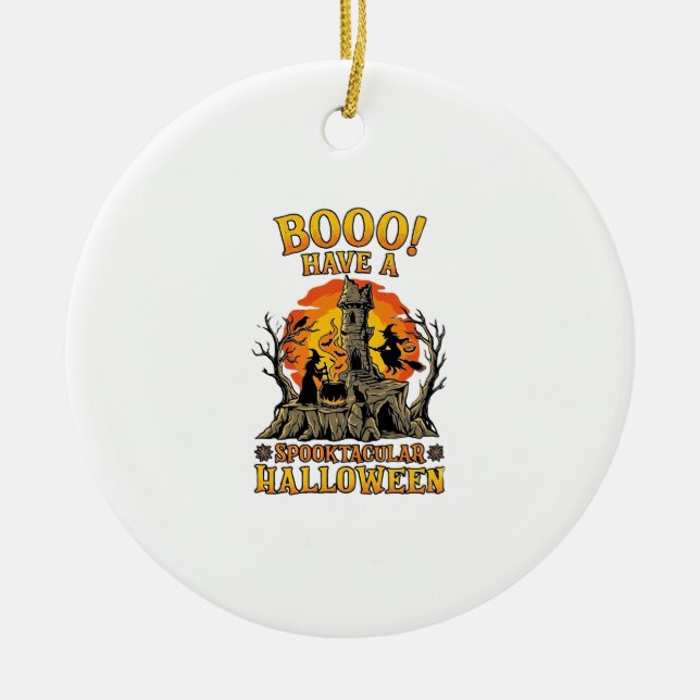 Booo Spooktacular Halloween Witch Cauldron Castle  Ceramic Tree Decoration (Front)