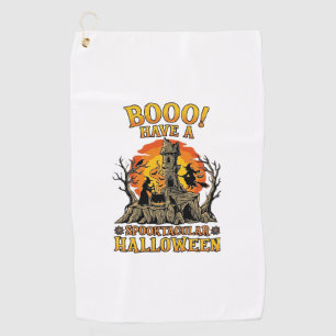 Booo Spooktacular Halloween Witch Cauldron Castle Golf Towel