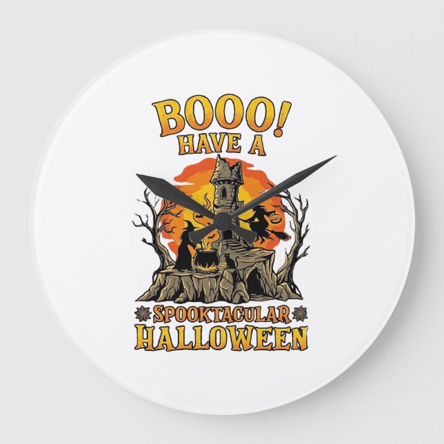 Booo Spooktacular Halloween Witch Cauldron Castle  Large Clock (Front)