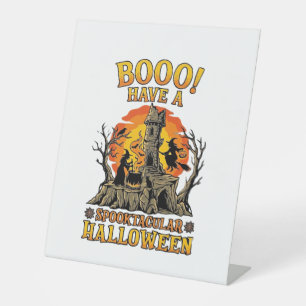Booo Spooktacular Halloween Witch Cauldron Castle Pedestal Sign