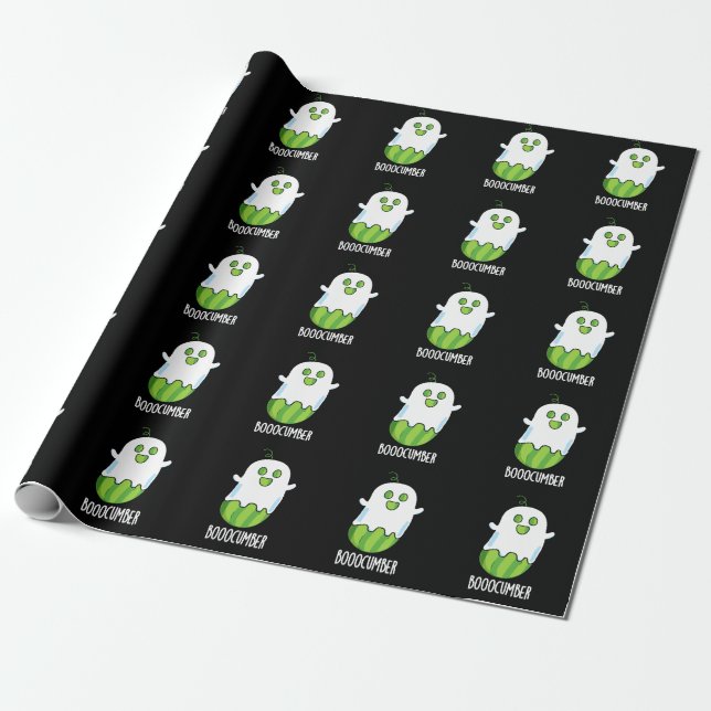 Booocumber Funny Ghost Cucumber Pun Dark BG Wrapping Paper (Unrolled)