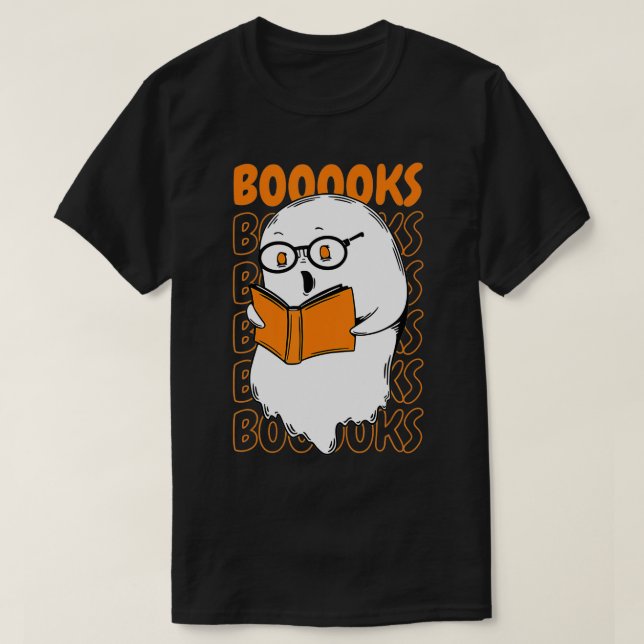 Booooks! Cute Ghost Reading Library Books Hallowee T-Shirt (Design Front)
