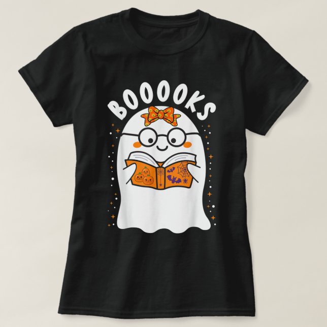 Booooks! Cute Ghost Reading Library Books Hallowee T-Shirt (Design Front)