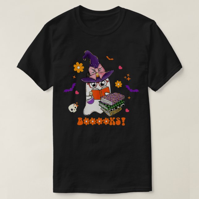 Booooks! Cute Ghost Reading Library Books Hallowee T-Shirt (Design Front)