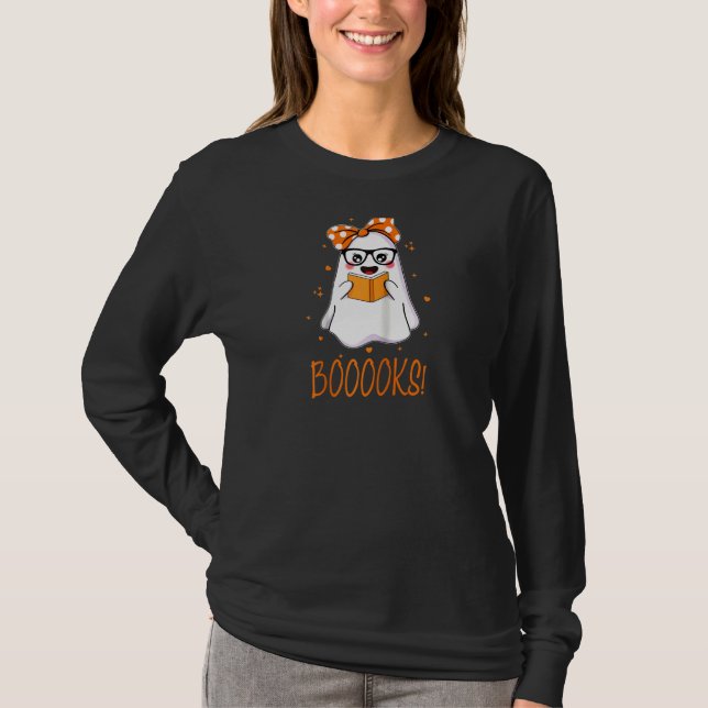 Booooks! Cute Ghost Reading Library Books Hallowee T-Shirt (Front)