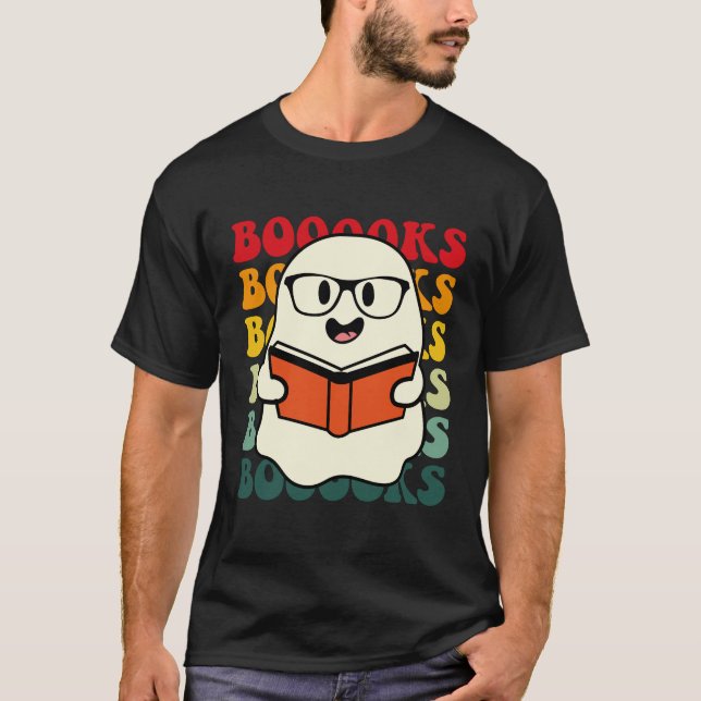 Booooks Cute Ghost Reading Library Books Halloween T-Shirt (Front)