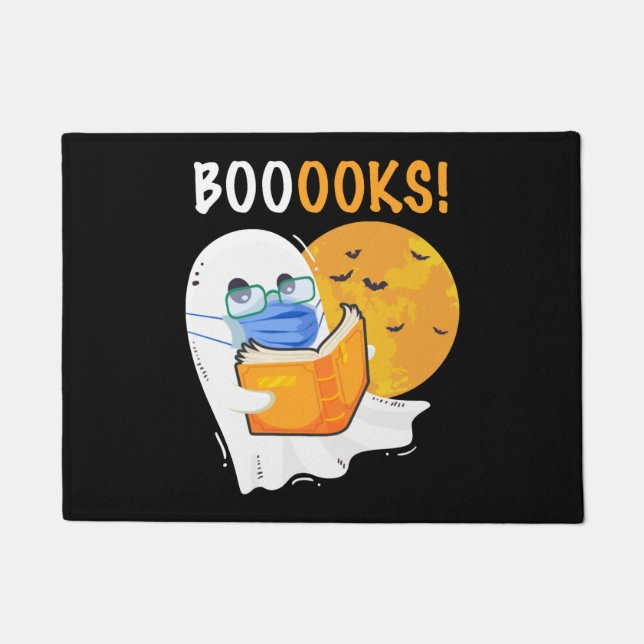 Booooks Halloween Ghost reading books and wearing Doormat (Front)