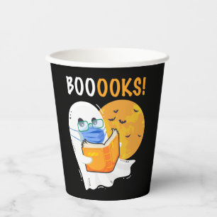 Booooks Halloween Ghost reading books and wearing Paper Cups