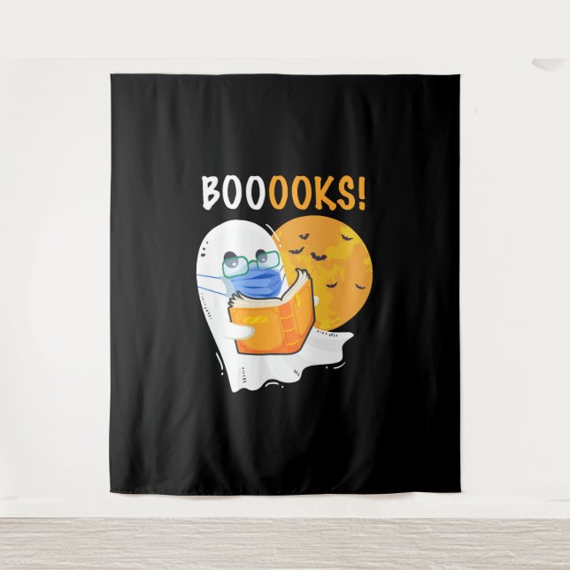 Booooks Halloween Ghost reading books and wearing Tapestry (Front)