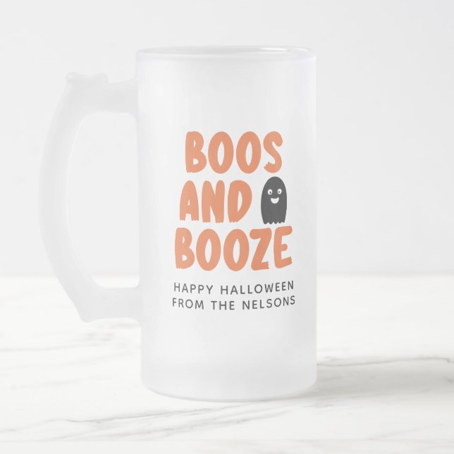 Boos and Booze Adult Halloween Cute Ghost  Frosted Glass Beer Mug (Left)