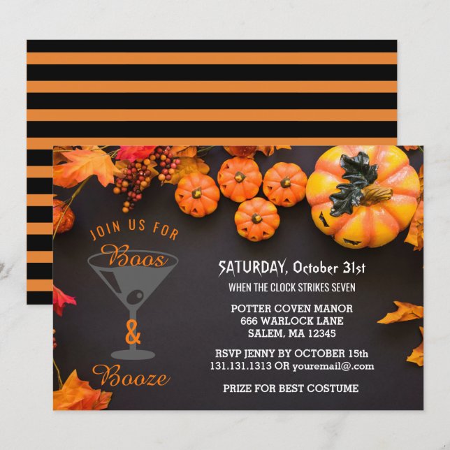Boos and Booze Adult Halloween Party Black Orange Invitation (Front/Back)