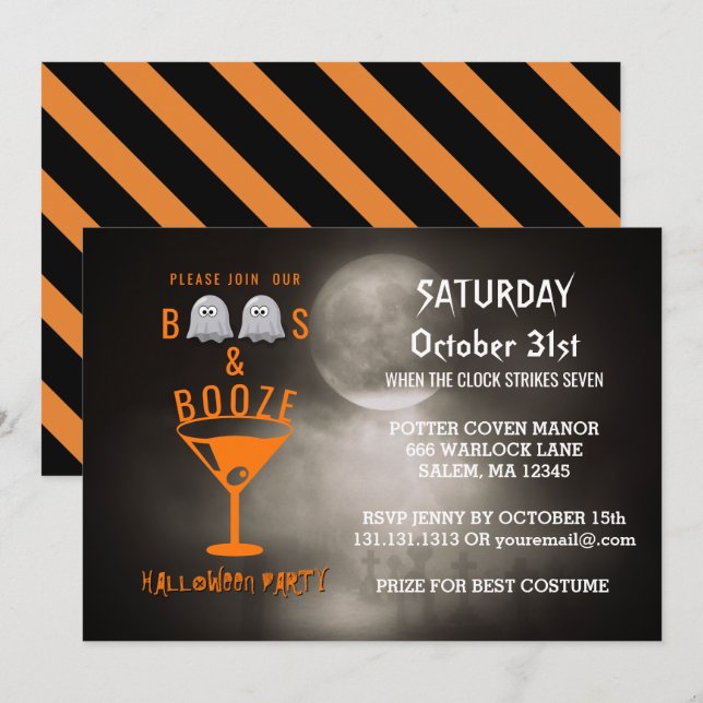 Boos and Booze Adult Halloween Party Graveyard Invitation (Front/Back)