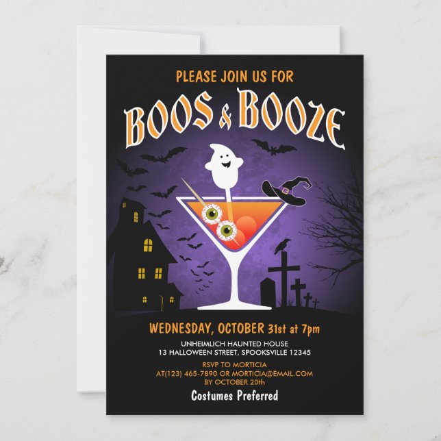 Boos and Booze Adult Halloween Party Invitation (Front)