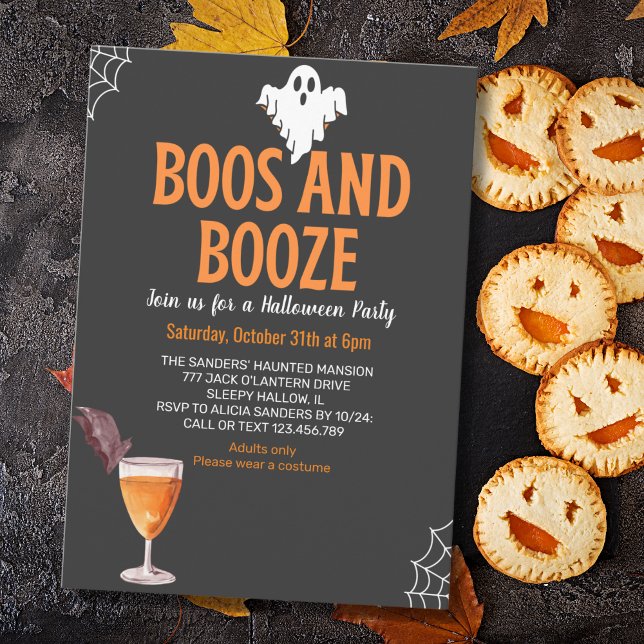Boos and Booze Black Funny Halloween Party Invitation (Creator Uploaded)