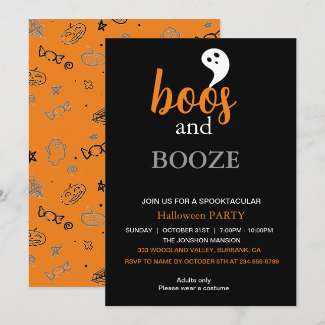 Boos and Booze Black Orange Adult Halloween Party  Invitation (Front/Back)
