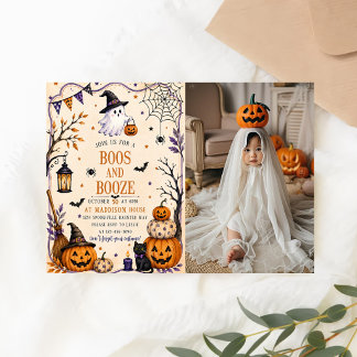 Boos and Booze Black Orange Adult Halloween Party Invitation