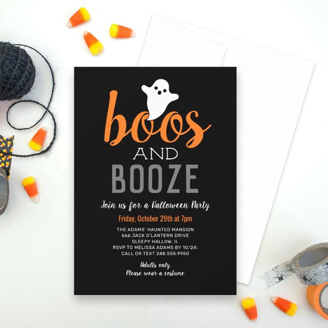 Boos and Booze Black Orange Adult Halloween Party Invitation (Creator Uploaded)
