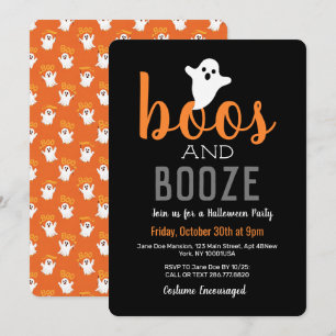 Boos and Booze Black Orange Halloween Party Invitation