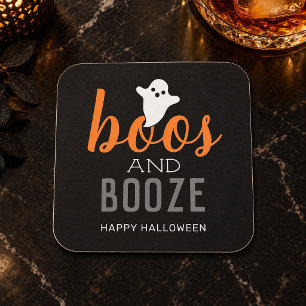 Boos and Booze Black Orange Halloween Party Square Paper Coaster