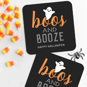 Boos and Booze Black Orange Halloween Party Square Paper Coaster