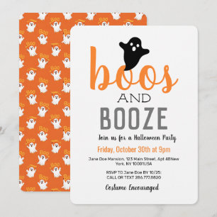 Boos and Booze Black White Orange Halloween Party Invitation