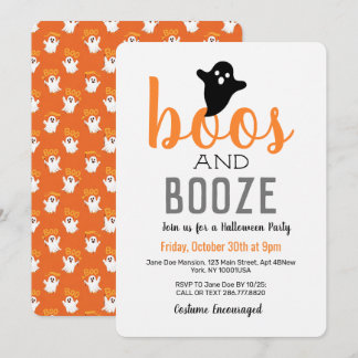 Boos and Booze Black White Orange Halloween Party Invitation