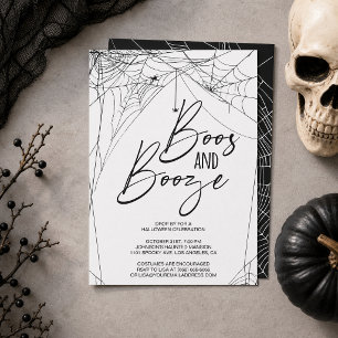Boos and Booze Black White Spiderweb Halloween Invitation