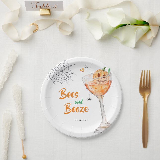 Boos and Booze Cocktail Halloween Party Paper Plate (Wedding)