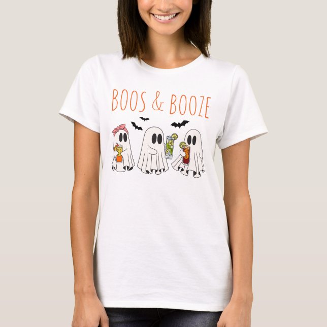 Boos and Booze Funny Ghost Cute Adult Halloween T-Shirt (Front)