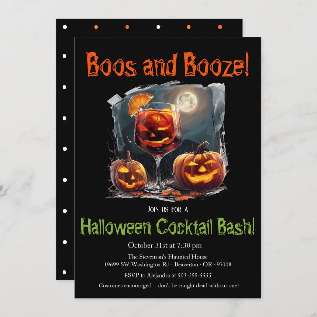 "Boos and Booze" Halloween Cocktail Bash Party Invitation (Front/Back)