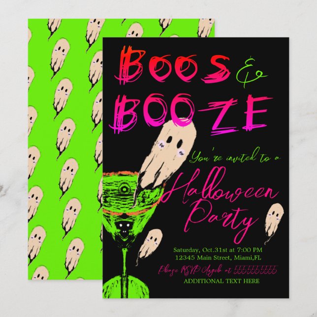 Boos and Booze Halloween Ghost Neon Black Invitation (Front/Back)
