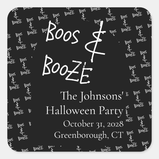 Boos and Booze Halloween Party Black and White Square Sticker (Front)