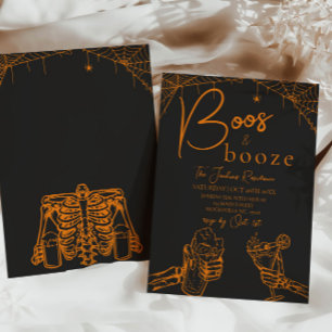 Boos and Booze Halloween Skeleton Party Orange Invitation