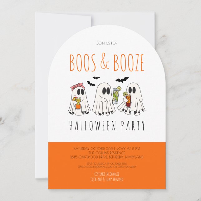 Boos and Booze Quote Ghost Adult Halloween Party Invitation (Front)