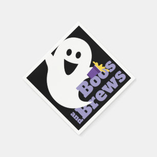 BOOS and BREWS, Designer Halloween, Ghost on Black Napkin
