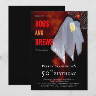 Boos and Brews Ghost Halloween 50th Birthday Party Invitation