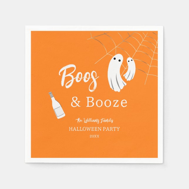 Boos & Booze Adult Halloween Orange Invitation Napkin (Front)