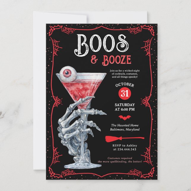 Boos & Booze Adult Spooky Halloween Party Invitation (Front)