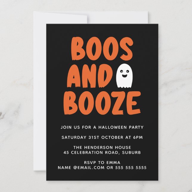 Boos & Booze Funny Cute Ghost Halloween Party  Invitation (Front)